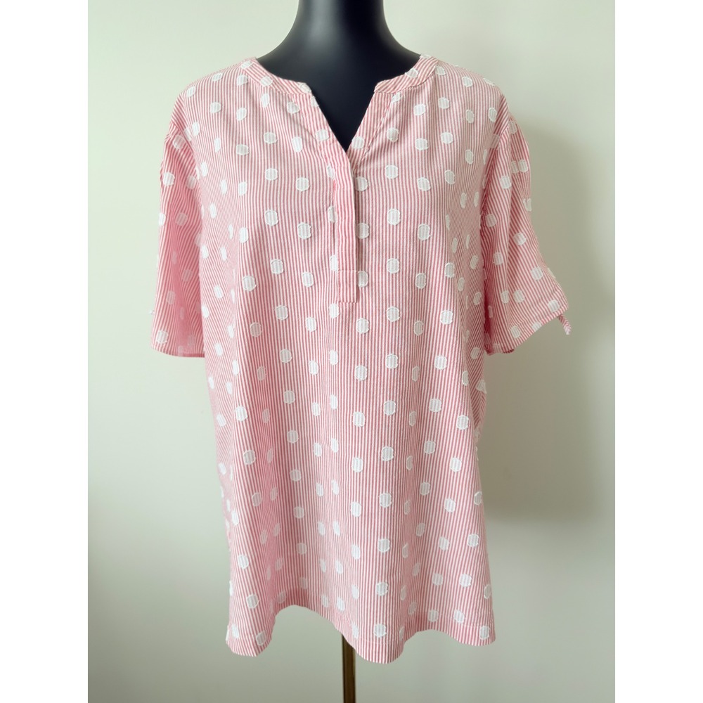 Chicos Red White Striped Clip Dot Tunic Top Split Neck Short Sleeve Size 4 XXL